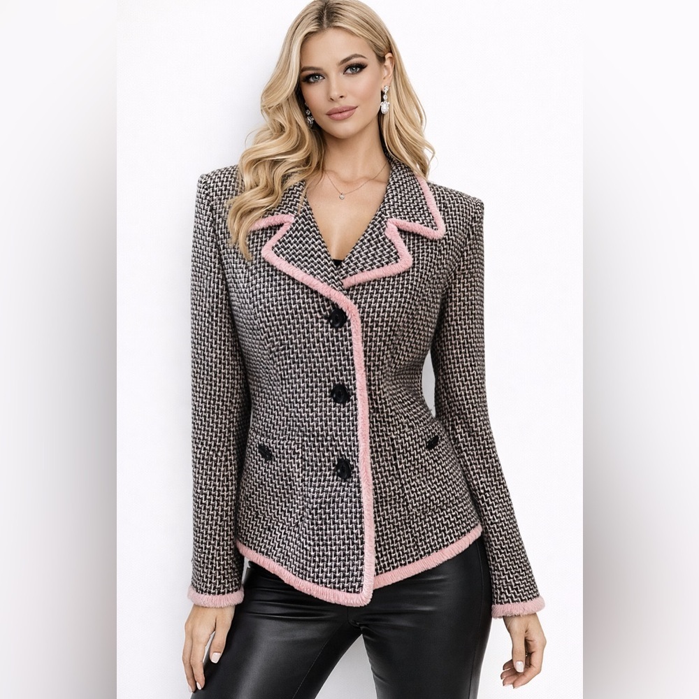 Bigio Collection Pink/black 3 Button Blazer Lined Fringed Edges Size 12